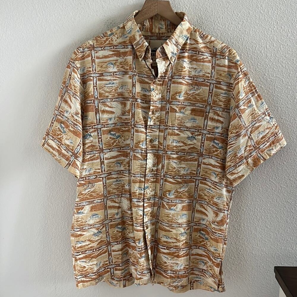 KAHALA Men's Aloha Shirt Hawaii Hawaiian Fish Boat Ocean Orange Large